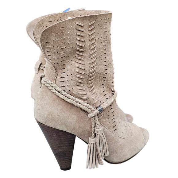 Slouchy Suede Boots Dolce Vita Maddox Size 6.5 Tan Leather Open Toe Heel Tassels - Picture 6 of 13
